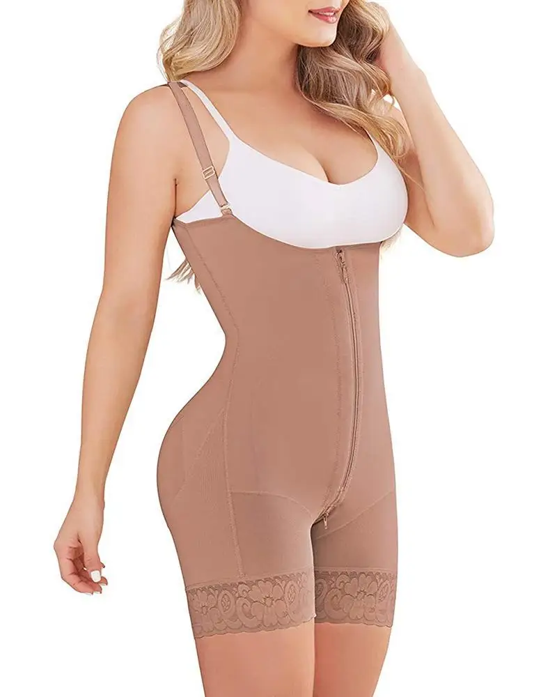 Comfortable Lace Trim Body Zip With Shoulder Strap Tummy Control Sheath Slimming Flat Stomach Modeling Flatter Your Figure