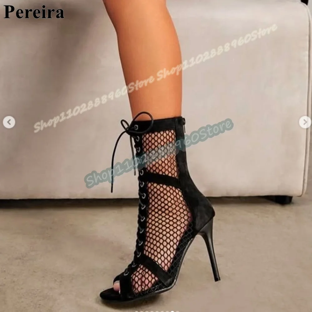 

Black Flock Net Splicing Cross Tied Ankle Sandal Boots Stilettos High Heel Shoes For Women Back Zipper Peep Toe Trendy Shoes