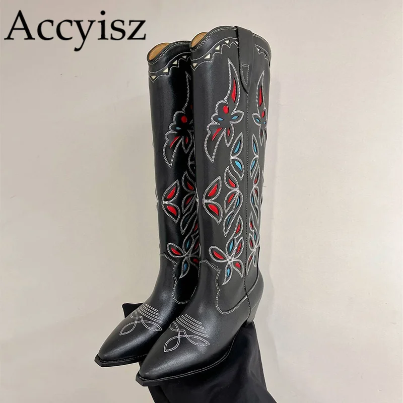 

Spring Autumn Petal Hollow Outs Western Short Boots Women's Real Leather Pointed Toe Knee-high Boots Mid Heels Retro Long Botas