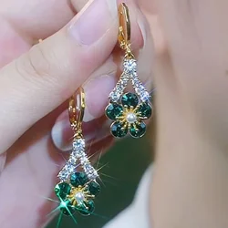 New Summer Luxury Green Crystal Flower Earrings for Women Fashionable Personalized Daily Accessory Party Jewelry Birthday Gifts