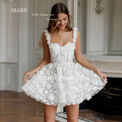 OLOEY Ivory Spaghetti Straps Short Wedding Dress Corset Sleeveless Exquisite Lace 3D Flowers A Line Free Customized Bridal Gowns