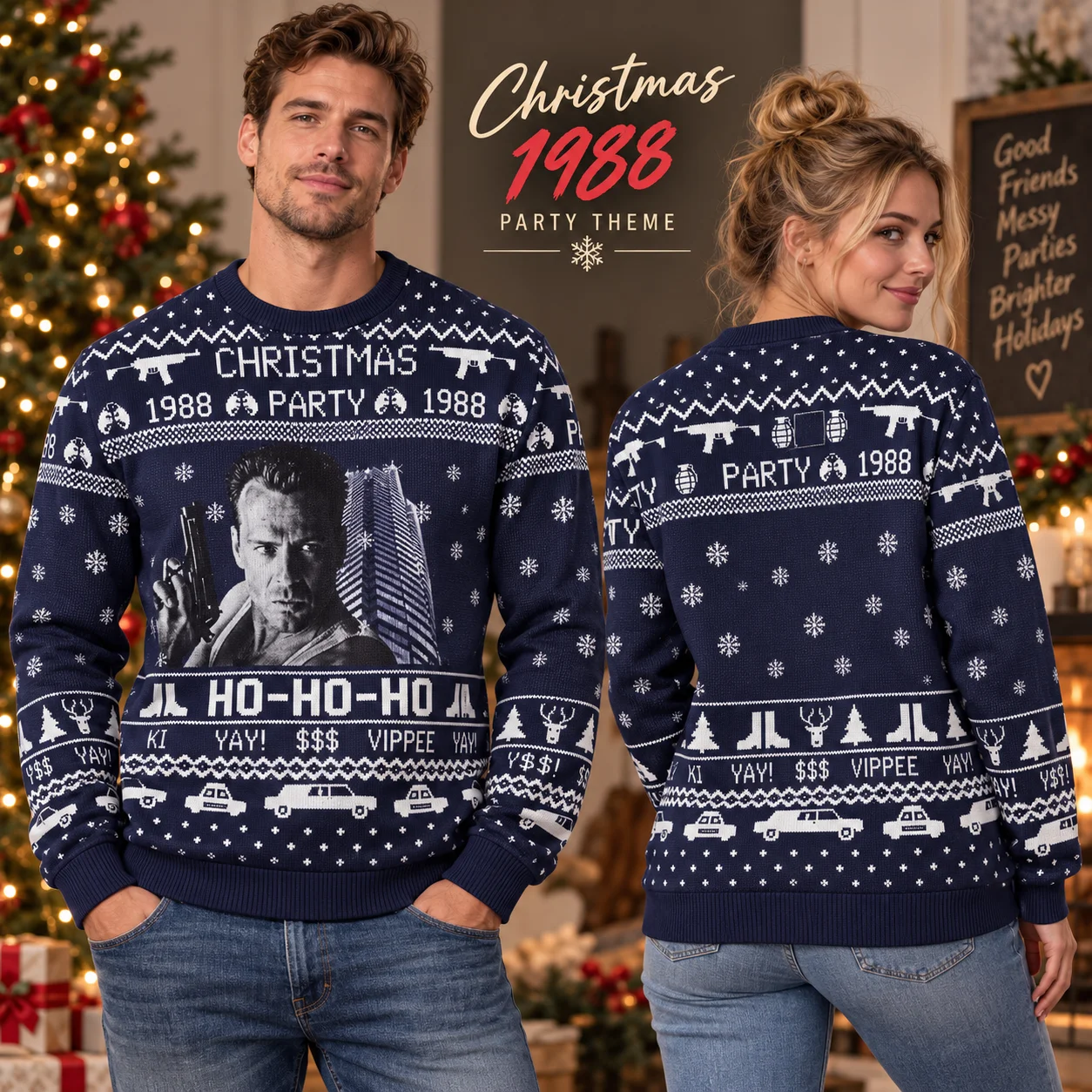 Christmas 1988 Ugly Christmas Sweater, Retro Action Movie Sweaters With Snowflake Pattern, Funny Holiday Pullover