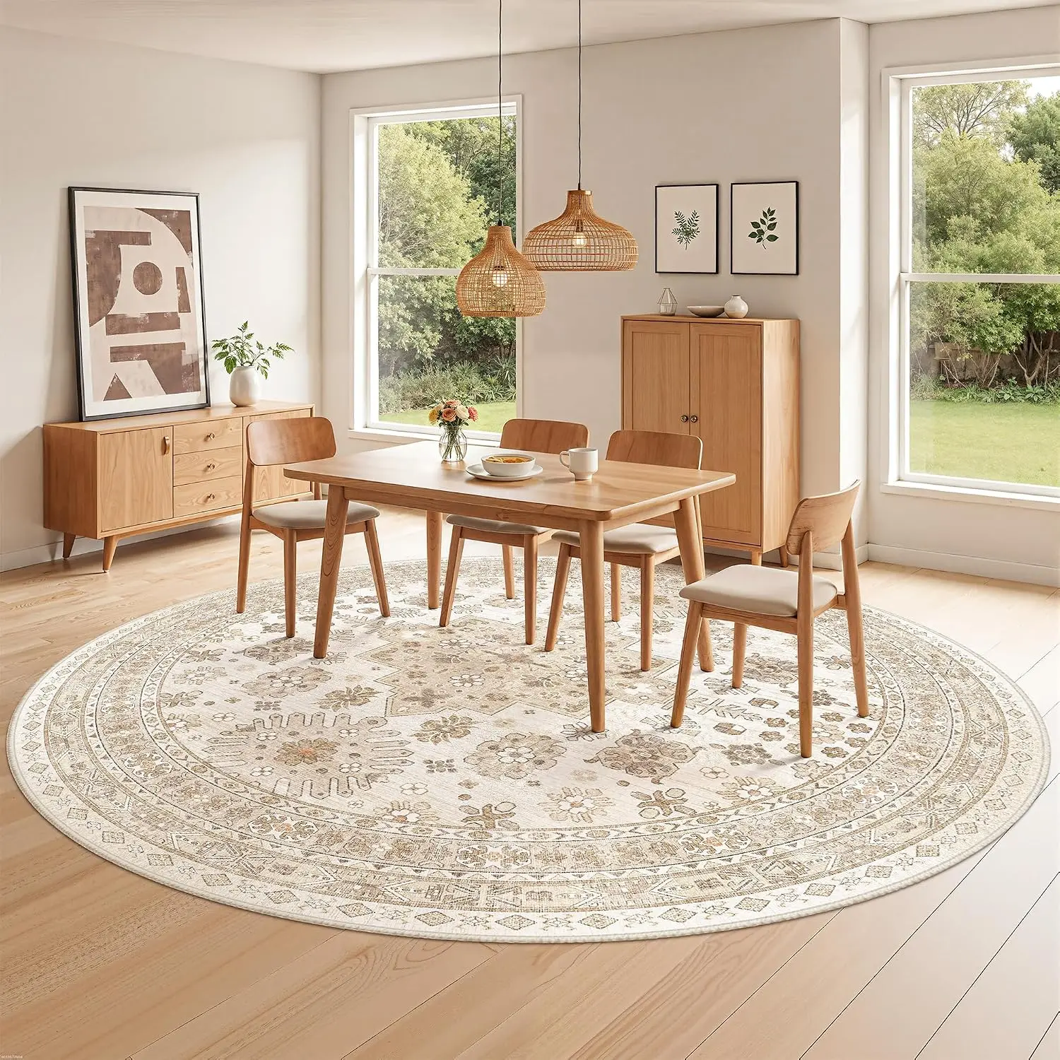 Large Round Boho Area Rug Cream Beige Moroccan Vintage Pattern Plush Floor Mat Living Room Decor Soft Cushion Carpet Accent Rug - view 3