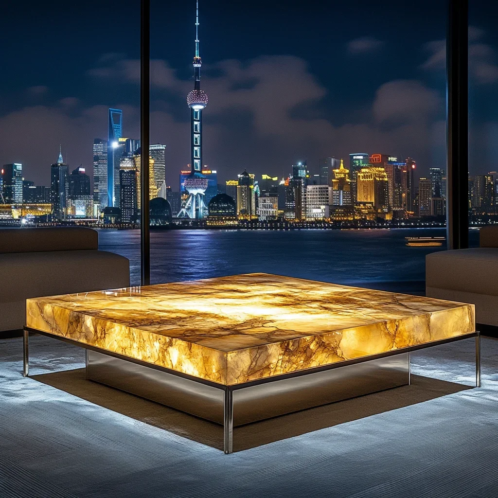طاولة قهوة مربعة مضيئة من اليشم لغرفة المعيشة فيلا من الرخام للمنزل البني الراقية #2