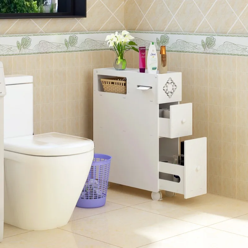 Toilet Side Cabinet Side Cabinet 16CM Toilet Moving Narrow Cabinet Waterproof Toilet with Garbage Can Slot Storage Cabinet