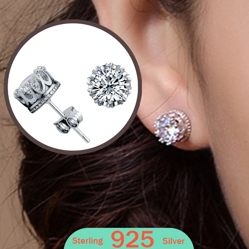 

Zircon Small Stud Earrings Ears 925 Sterling Silver Fashion Jewelry Crown Women Classic Shining Stud For Men Crystal Earrings