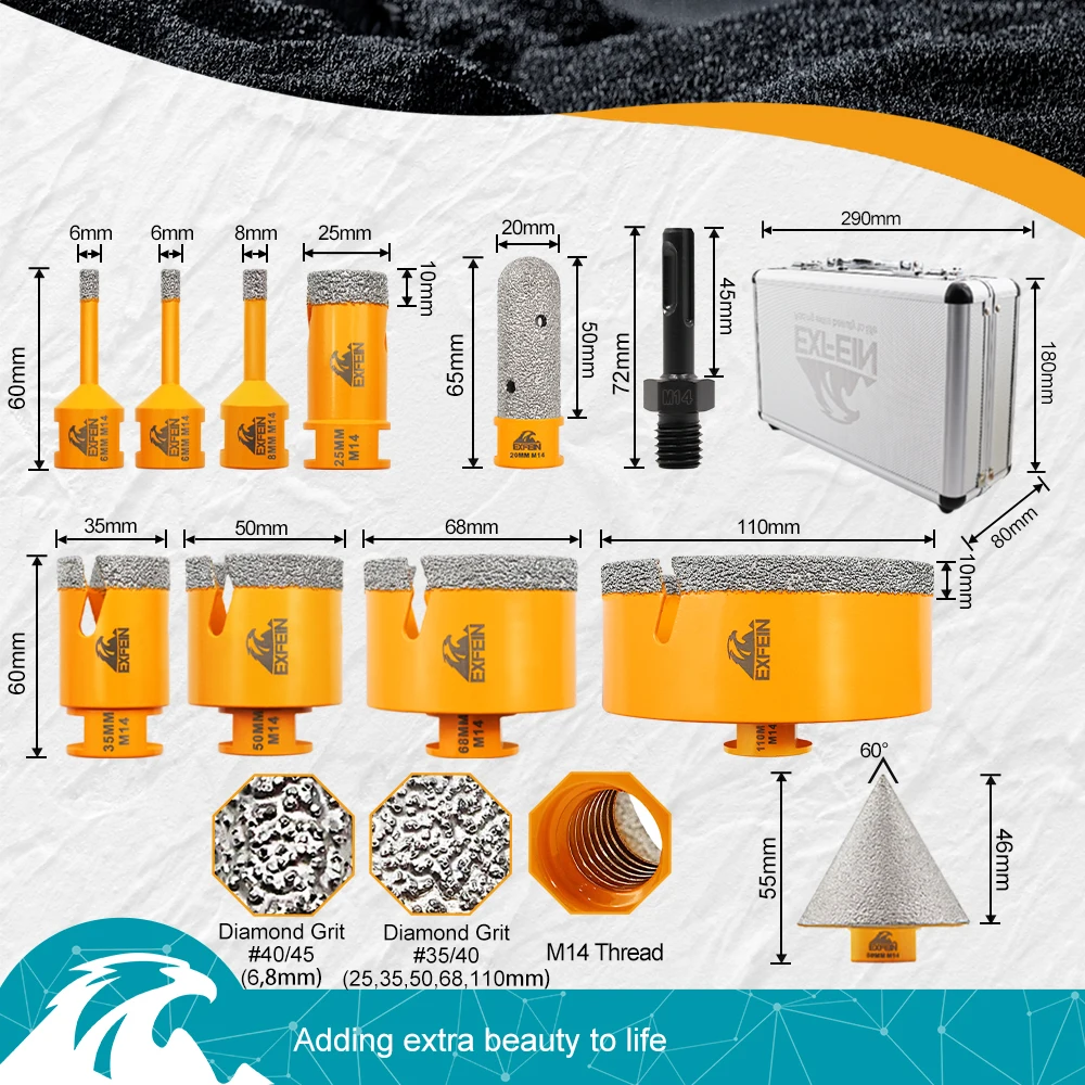 

6/6/8/25/35/50/68/110MM Diamond Drill Bit Core Bits Milling Bit Porcelain Tiles Crowns Granite Marble Hole Saw Drill 11pcs Tools