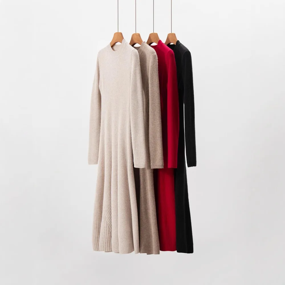 2026 Nieuwjaar Dames Herfst/Winter Kleding 100% Kasjmier Halfhoge Hals Kerst Effen Kleur Lange Mouwen Feestjurk