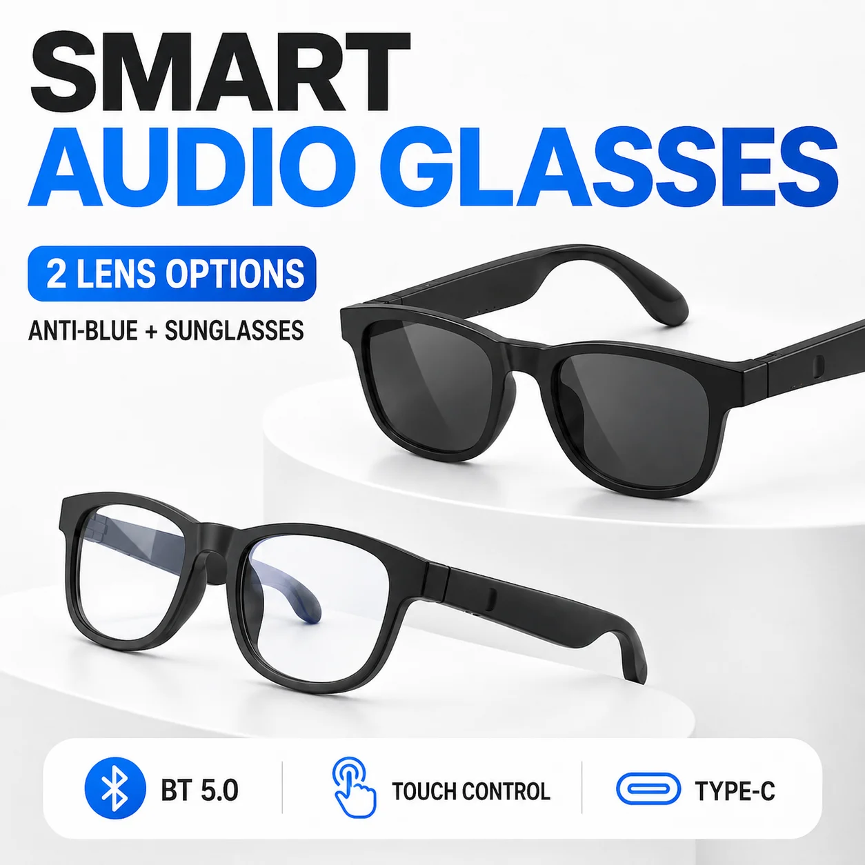 Smart Bluetooth Audio Glasses with Interchangeable Blue Light and Sunglasses Lenses Open Ear Speakers Touch Control Calls Music