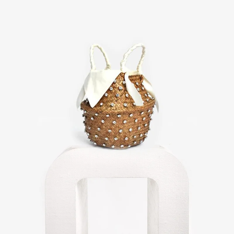 Borsa di paglia di diamante fatta a mano vacanza di design con secchio intrecciato da donna di perle borse e portamonete multicolori per le donne