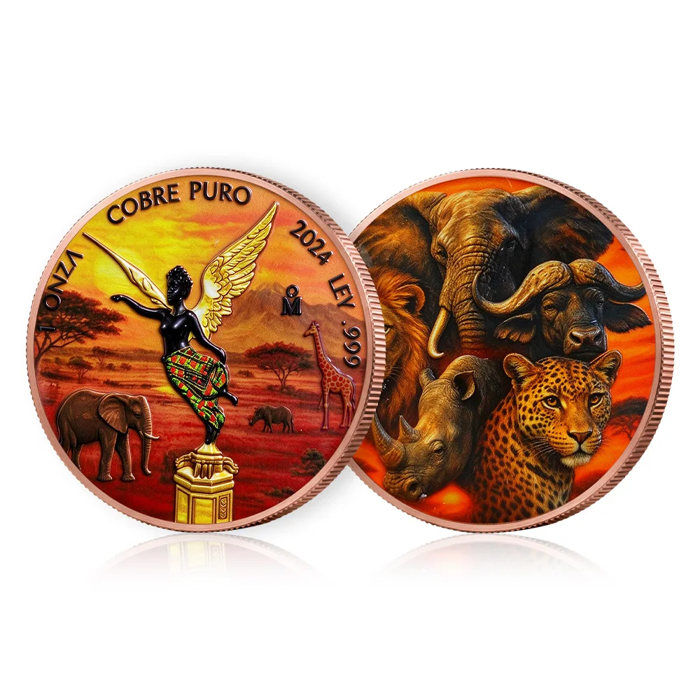 1oz .999 Fine Copper African Libertad Angel Coin Onza Cobre Puro Big Five Lion Elephant Rhino Buffalo Leopard Safari Color Gift