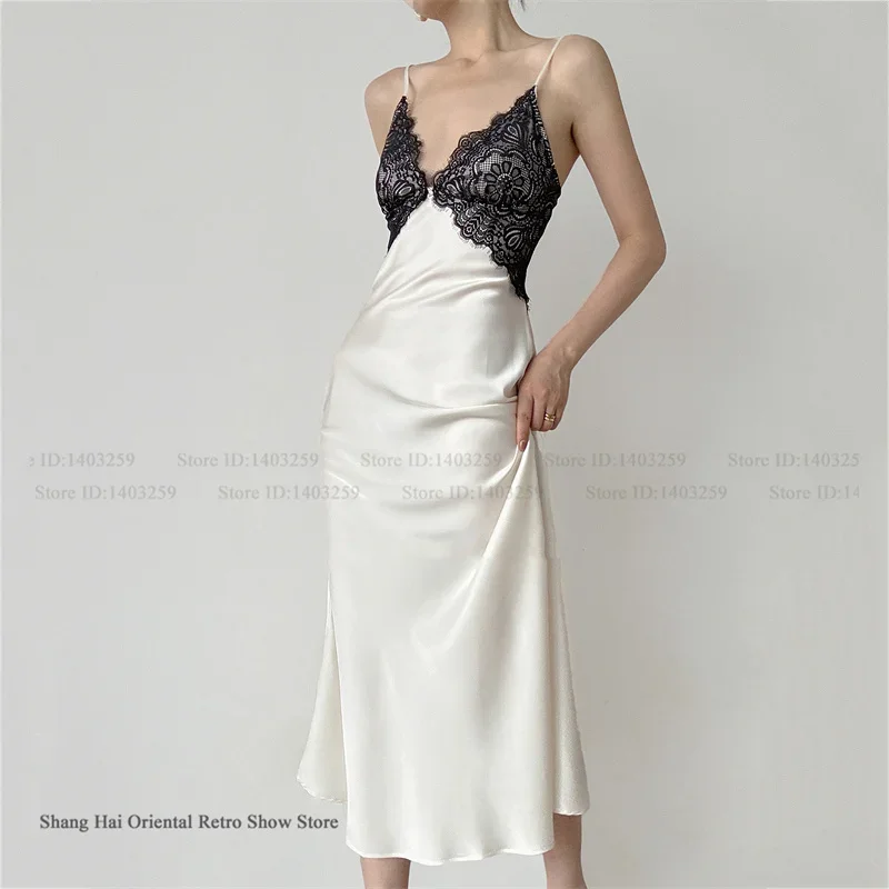 

Summer New Female Chemise Sleepwear Long Nightgown Sexy Patchwork Lace Spaghetti Strap Nightdress Lingerie Silky Satin Homewear