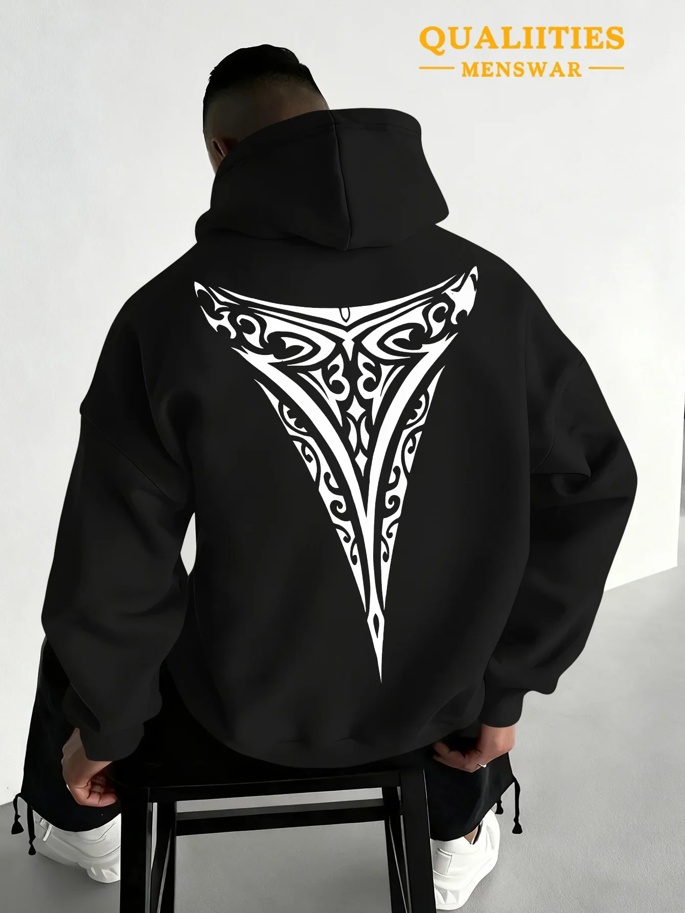 Men Women Tribal Triangle Totem Hoodie Polynesian Tattoo Pattern Chest & Back Print Casual Loose Pullover Hooded Sweatshirt