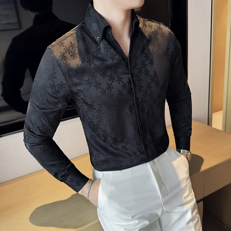 High-Grade Dark Jacquard ~ V-neck Fashion Printed Shirt ~ Men's Long-Sleeved Casual Flower Shirt Black