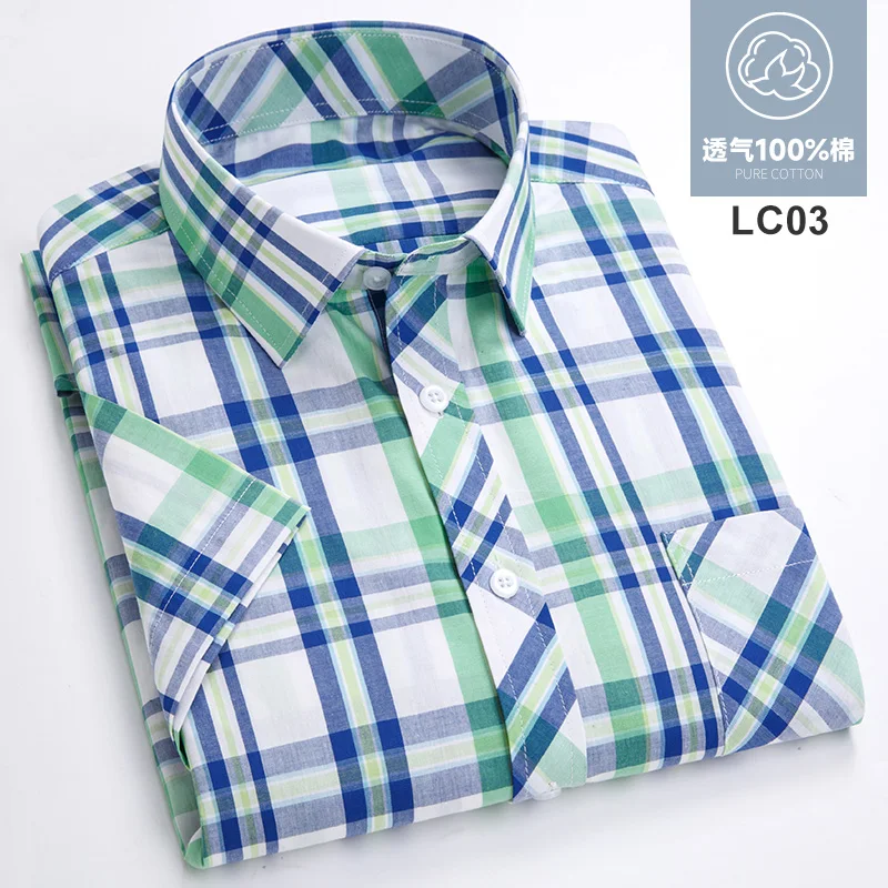 Fashion Korean Popular Clothes 100%cotton Short Sleeve Shirts for Men Slim Fit Casual Plain Shirt Thin Plaid Hawaiian Soft Tops