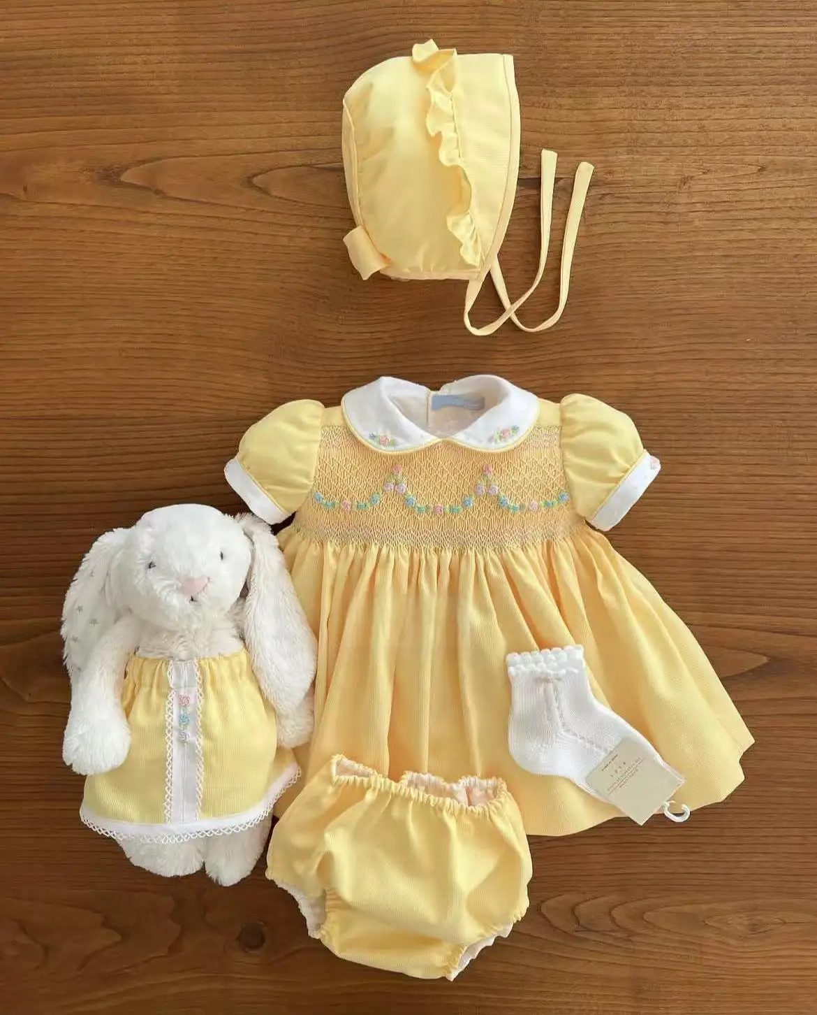 0-12Y Baby Girl Summer Yellow Rose Handmade Embroidery Smocked Vintage Princess Dress for Birthday Photography Holiday Eid A273