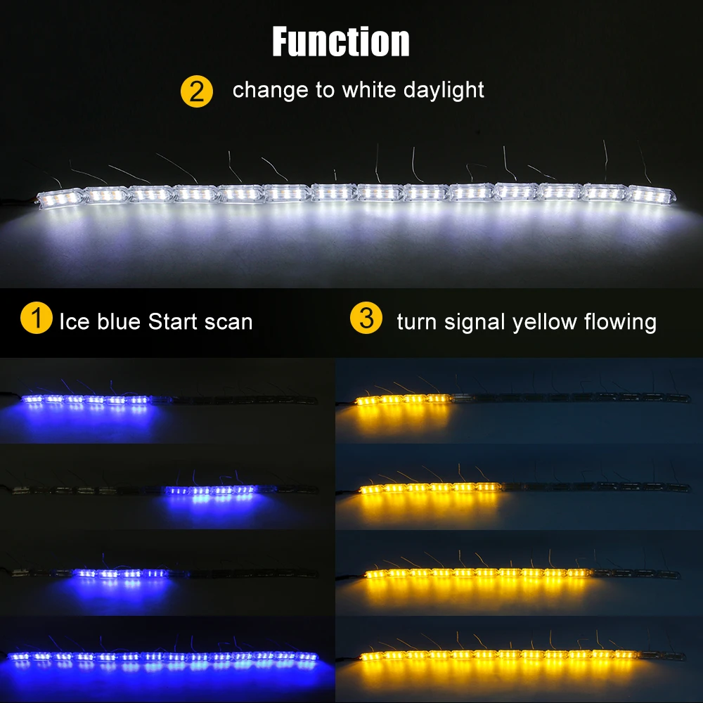 MIHAZ  2Pcs  LED  Daytime  Running  Light  3Colors  Flexible  Streamer  Turn  Signal  Strip  Start-scan  DRL  Car  Headlight 12V