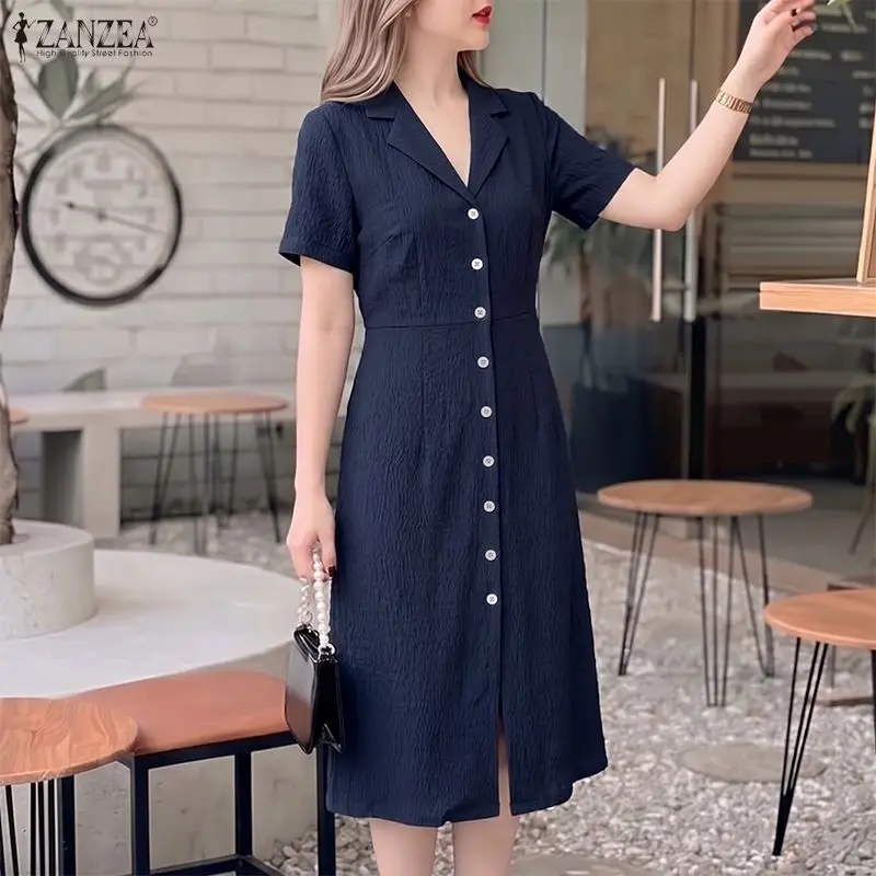 ZANZEA Summer Sundress Women Elegant OL Work Midi Dresses Lapel Neck Buttons-Up Dress Casual Short Sleeve Collect Waist Vestidos