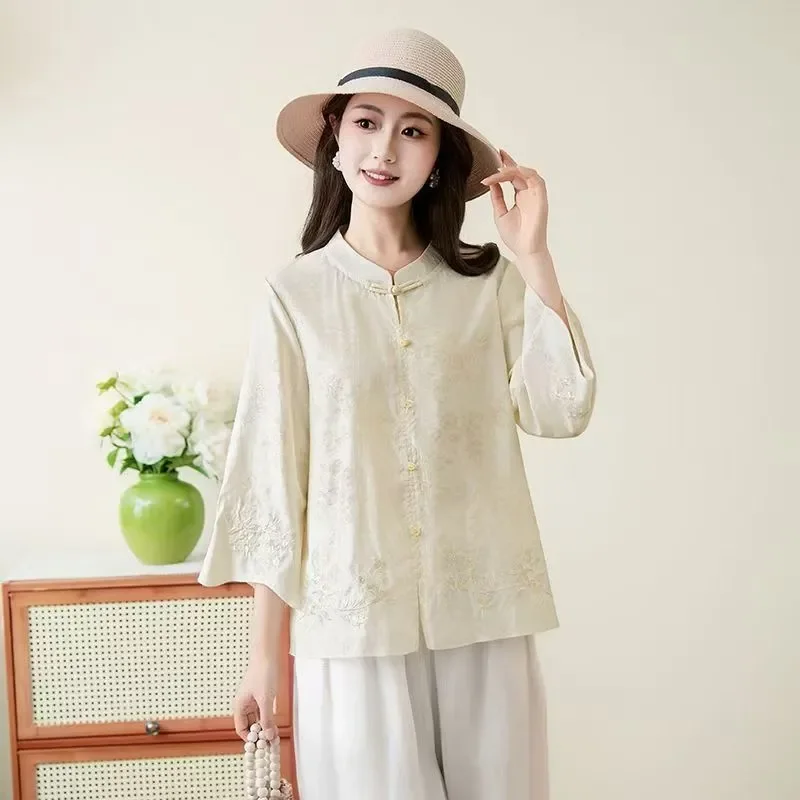 Womens New Chinese Style Embroidered Blouse Stand Collar Three Quarter Sleeve Top For Mothers