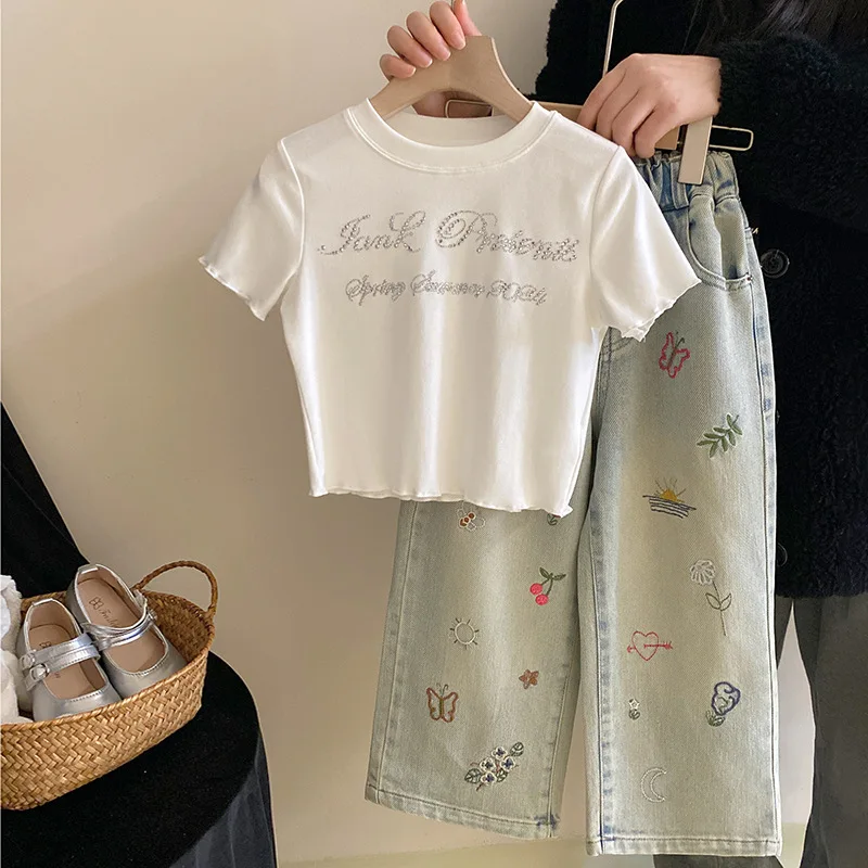 

Korean Girls T-shirt Letter 2024 New Summer Personality Cool Jeans Casual Simple Fashion Loose Sweet Active Cute Comfort Soft