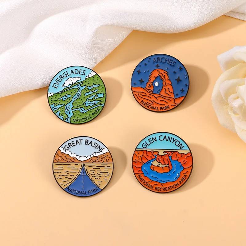 Beautiful National Park Series Round Brooches Glen Canyon  Arches  Great Basin  Everglades Enamel Pins For Bag Backpack Jewelry