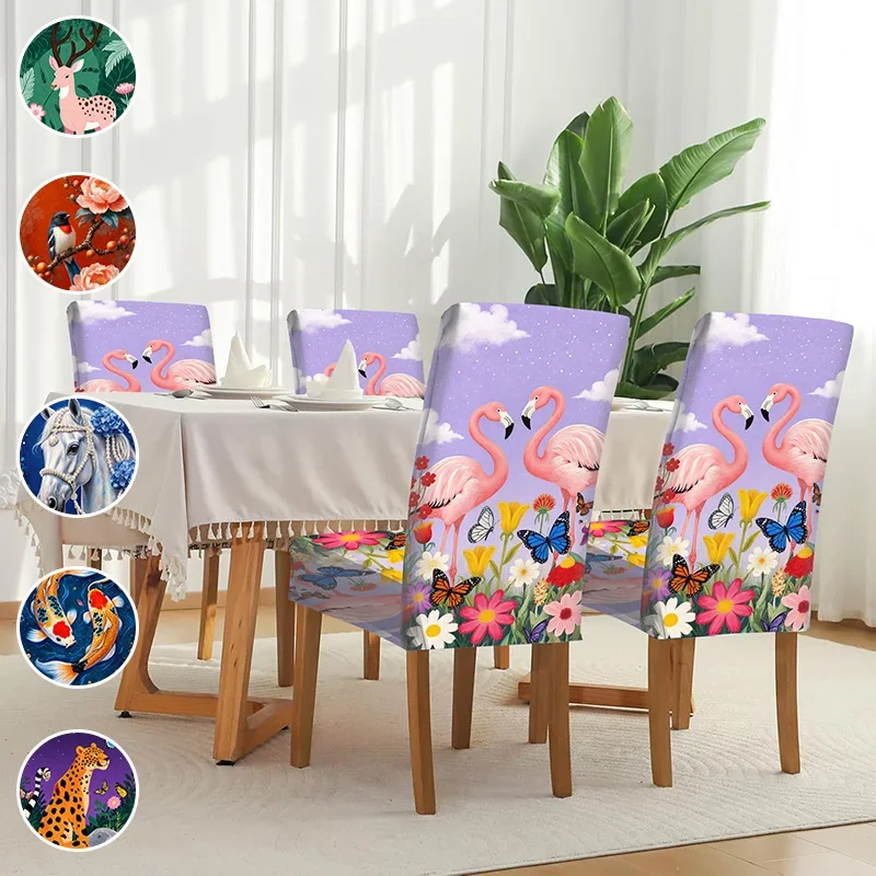 Elastic printed dining chair cover, removable and washable scratch-resistant chair cover, flamingo koi animal pattern