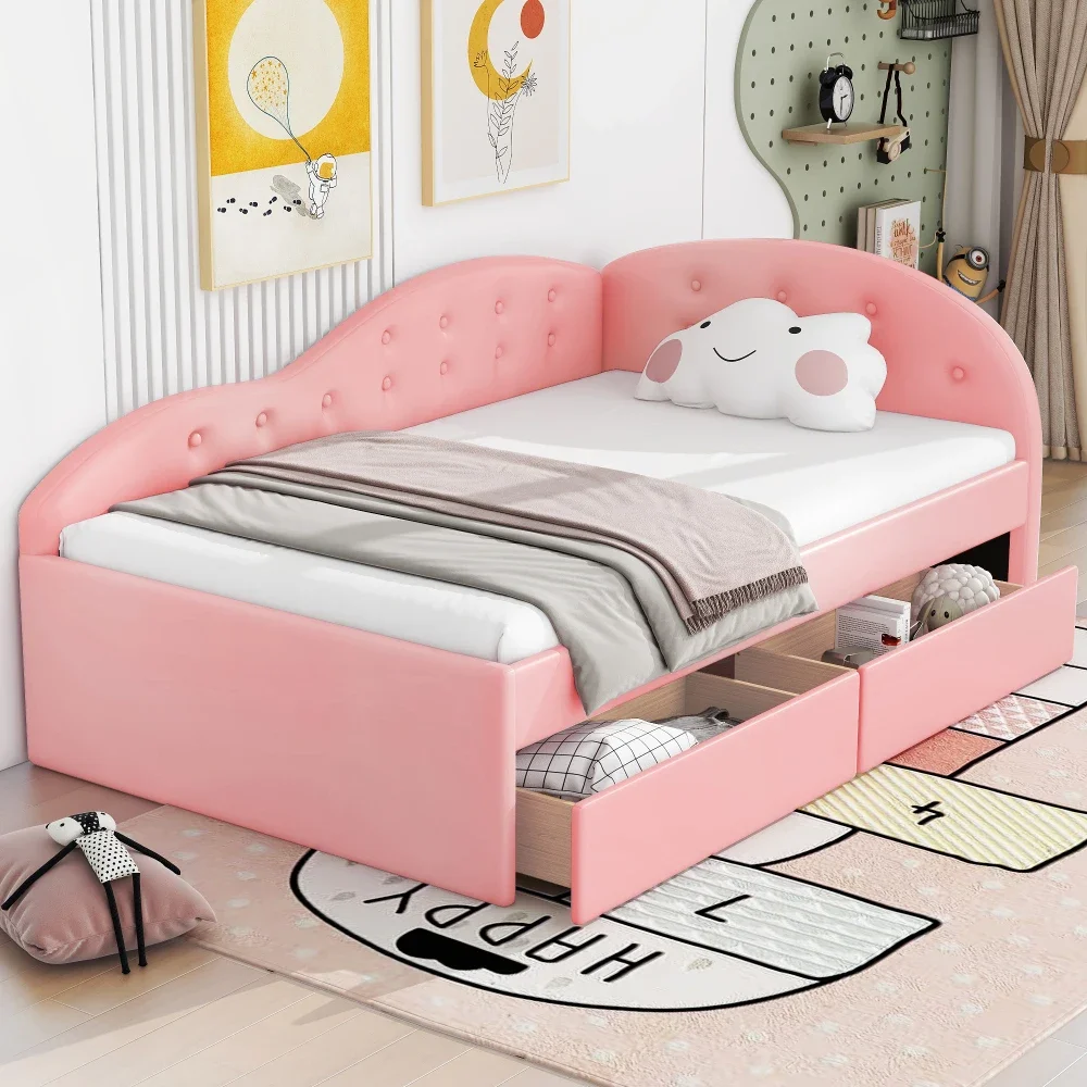 5-in-1 Twin Size PU Upholstered Tufted Daybed withTrundle and Cloud Shaped Guardrail,PinkBeds for Kids Bed for Girls Furniture