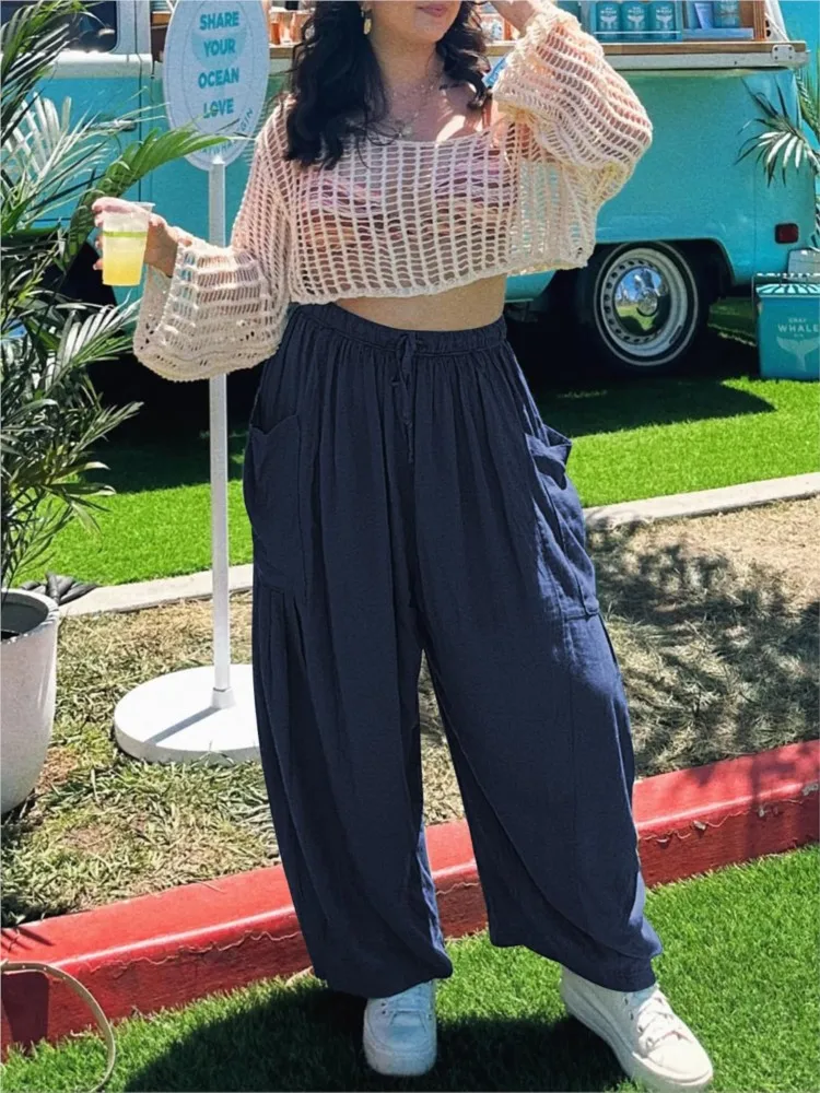 Plus Size Women's Trousers Linen Loose High Waist Drawstring Wide Leg Pants Casual Fake Daily Commuting Nine-point Pants Summer