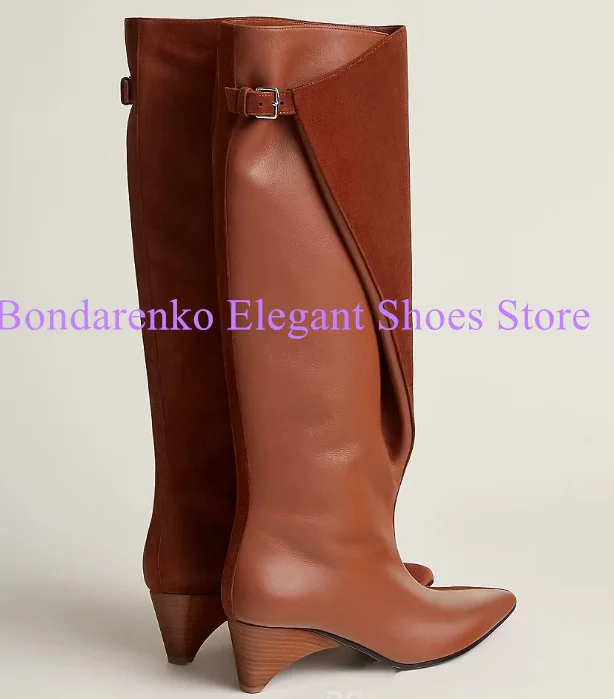 Brown Color Patchwork Spike Heels Lady Long Boots Sexy Pointed Toe Woman Knee High Boots Fashion Design Banquet Dress Shoes view 2