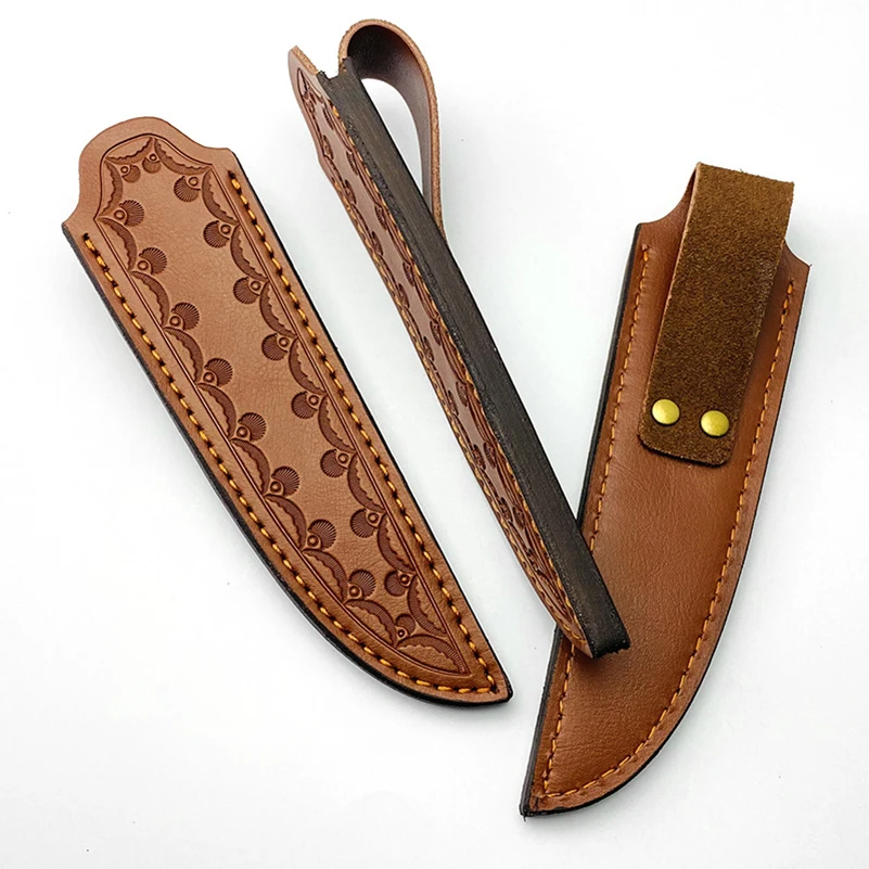 1pc Cowhide Straight Knife Scabbard Sheath Outdoor Knives Cow Leather Cover Storage Bag Pants Case Carved Pattern Wear With Belt