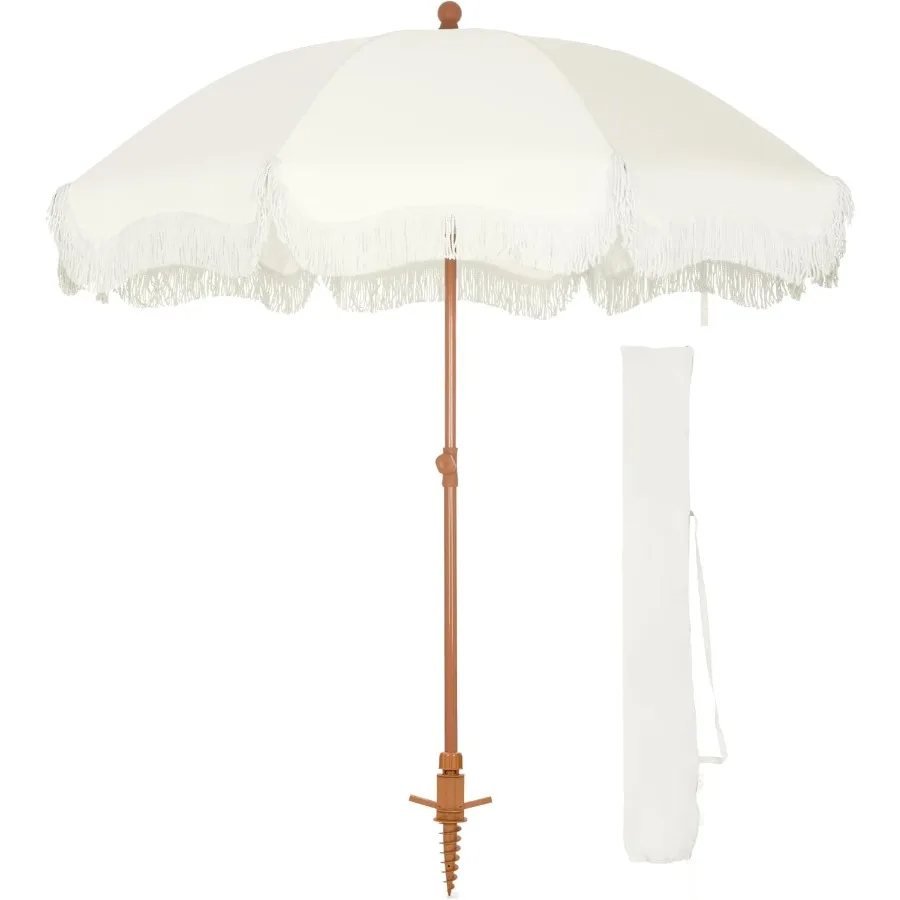 مظلة شاطئ شديدة التحمل بطول 7 أقدام مع مظلة هامشية مرساة رملية للأشعة فوق البنفسجية 50+ مظلة فناء مع عمود إمالة لحمام السباحة والحديقة