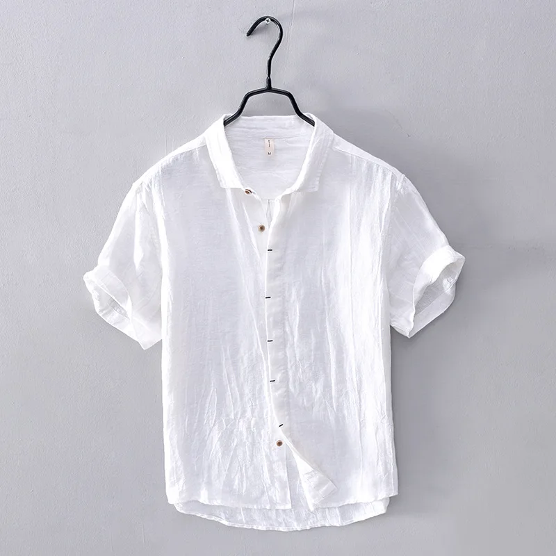 

2025 men's hidden door placket linen shirt, summer short-sleeved loose pleated washed old retro cotton and linen shirt
