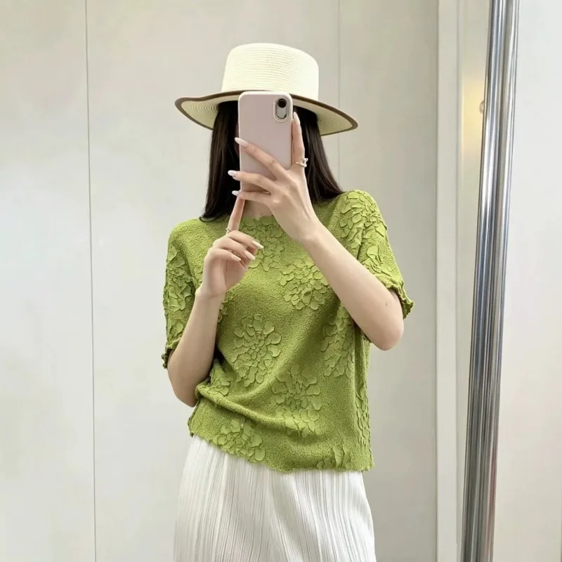 Pleated T-Shirt Summer Style Batwing Sleeve Sequin Peony Short Sleeve Casual Elegant Simple Fashion Stretch Women's Top