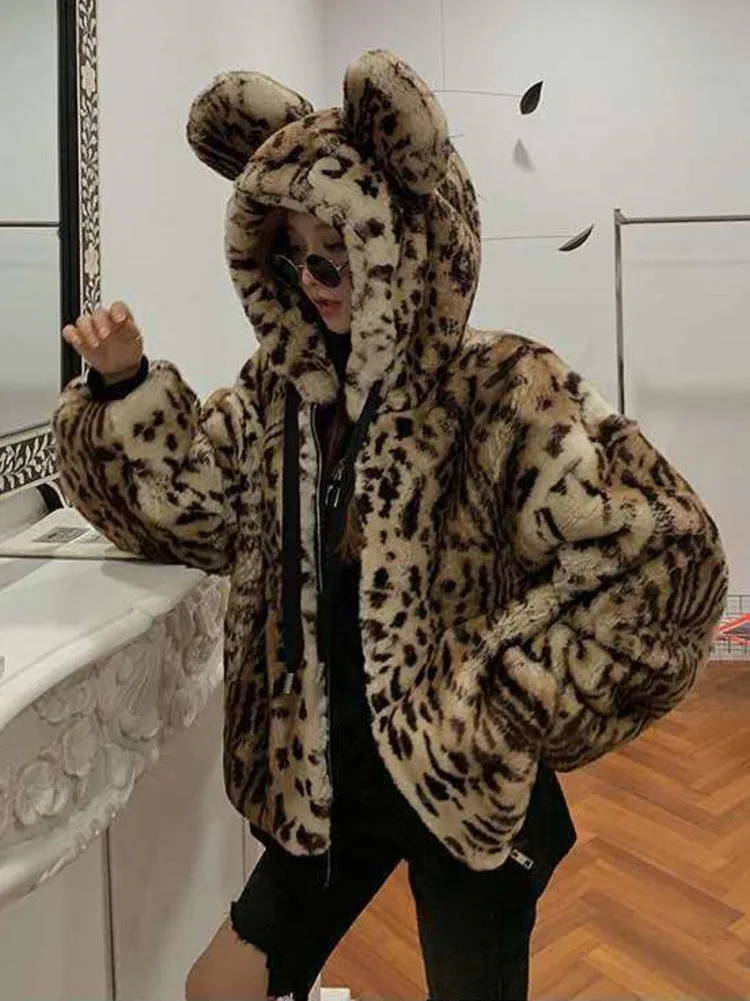 Hooded Bear Ear Fur Coat Loose Leopard Pattern Long Sleeve Parkas Imitation Rabbit Fur Thickening Keep Warm Plush Women Jacket