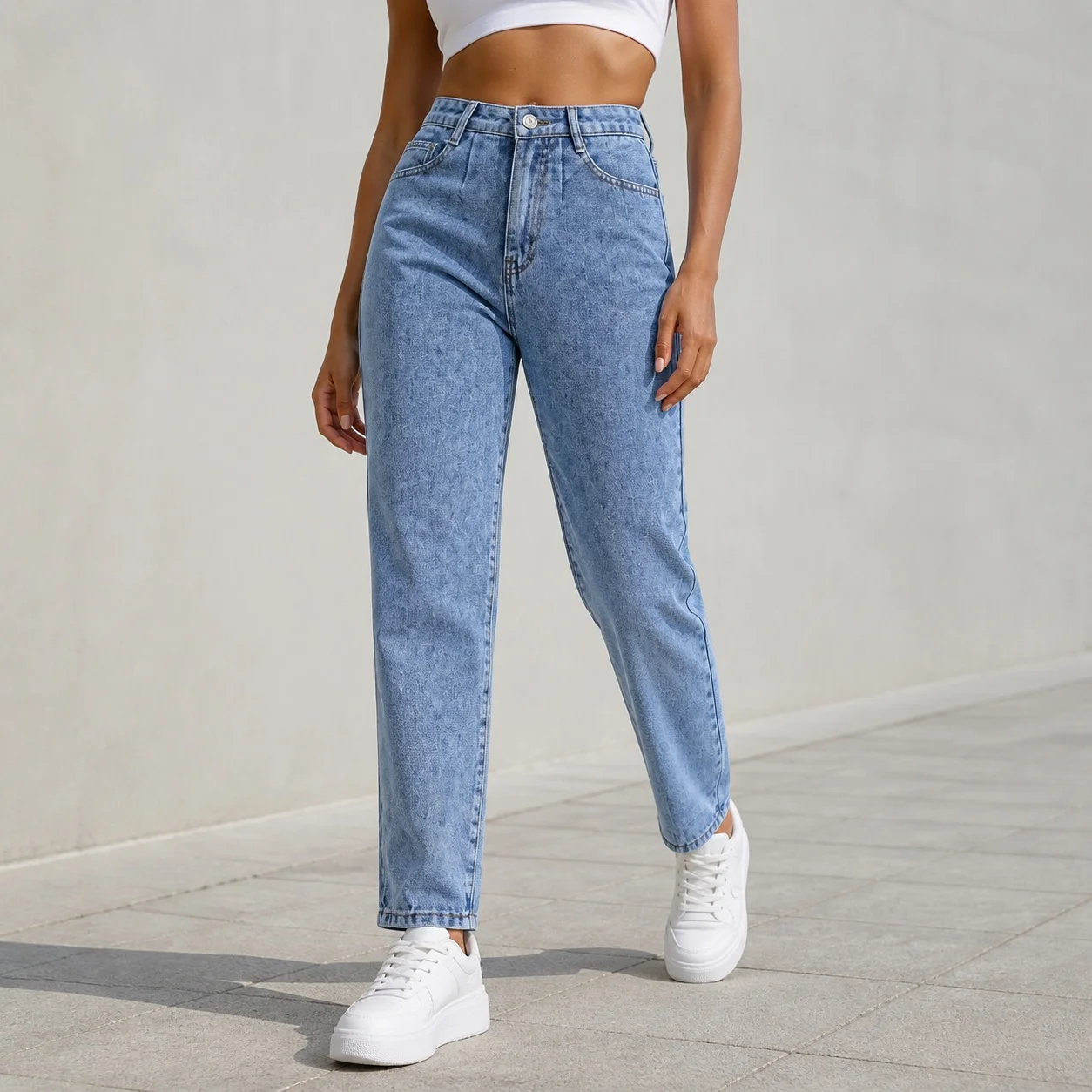 Women's Baggy High Waist Full Length Cotton Washed Tapered Leg No Iron Basic Jeans for Women Casual Denim Pants with Five Pocket