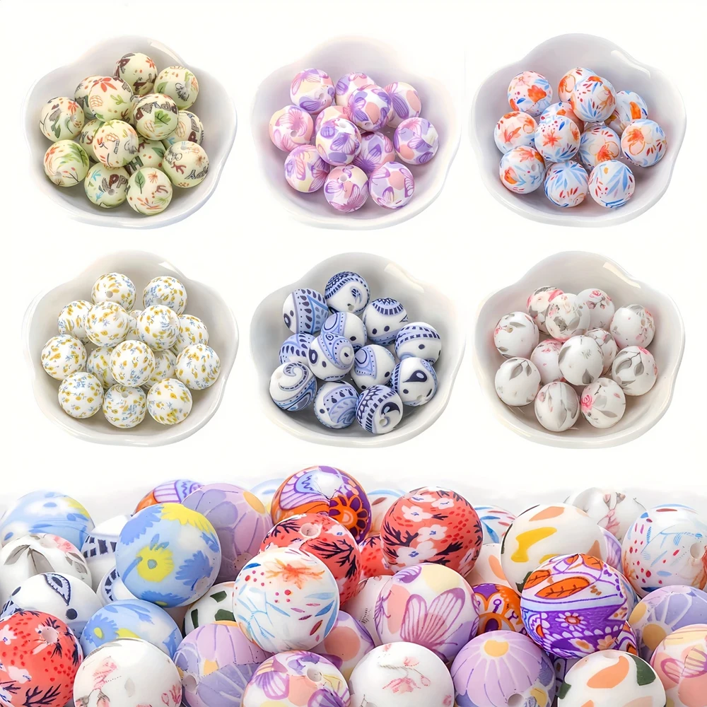 10/10pcs 15mm Silicone Beads with Various Styles of Printed Patterns, Perfect DIY Bead Handmade Accessories, Fashionable Jewelry