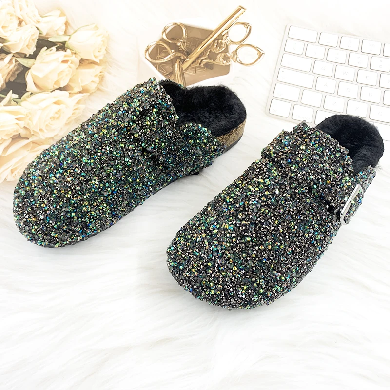 Fashion Women's Mules Slippers Ladies House Luxury 2023 Rhinestone Fur Crystal Winter Home Female Outdoor Mules Flats Shoes