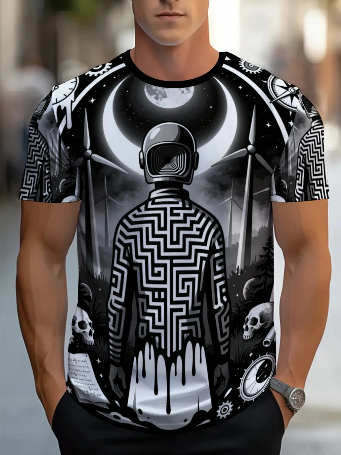 Men Black White Surreal Astronaut Moon Windmill Skull Gear 3D Print Crew Neck T Shirt Summer Short Sleeve Casual Tee