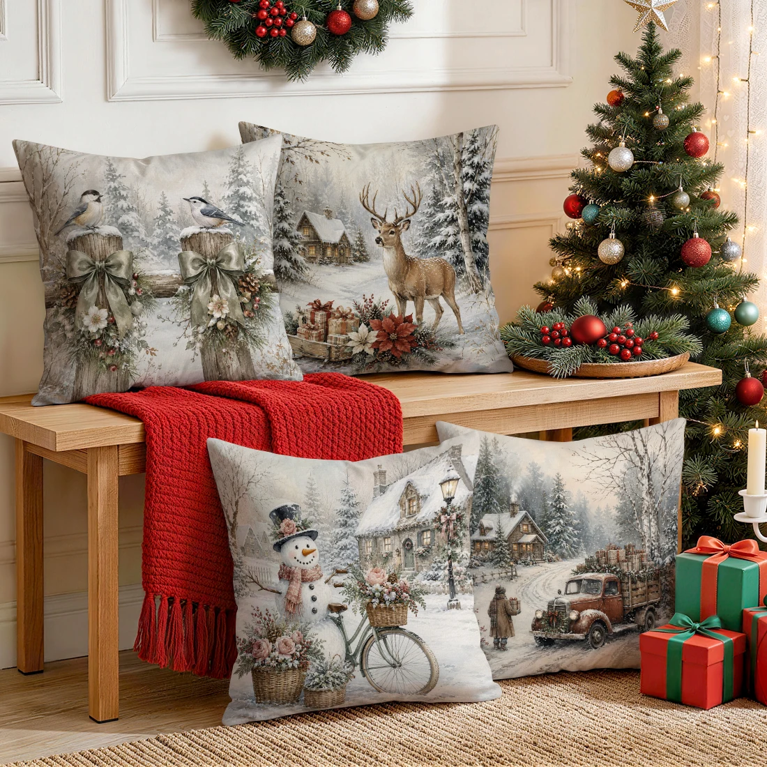 Countryside Christmas Pillowcase Printed Polyester 40/45/50cm Throw Pillowcover Decorative Sofa Cushion Pillowslip Home Decor