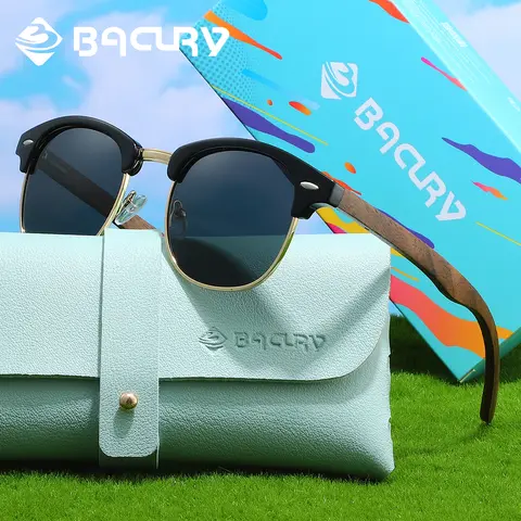 BACURY 1PCS Casual Style Women Polarized Sunglasses Wooden Mirror Feet Round Frame Vacation Shopping Men Glasses Holiday Gifts