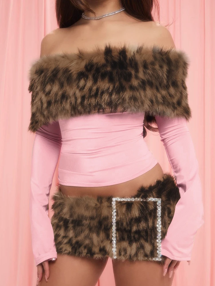 Nibber 2-teiliges Set für Damen, Leopardenmuster, pelziges Patchwork, Slash-Ausschnitt, volle Ärmel, T-Shirts + Miniröcke mit Strass-Dekoration, modische Anzüge – Detail 16