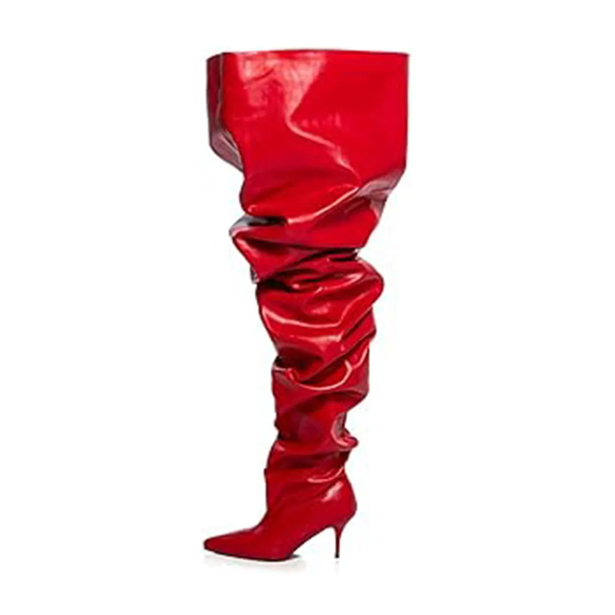 

Arden Furtado Spring red PU Large tubular boots Pointed toe pull-on Stilettos heels Pleated Over the knee boots Extra large size