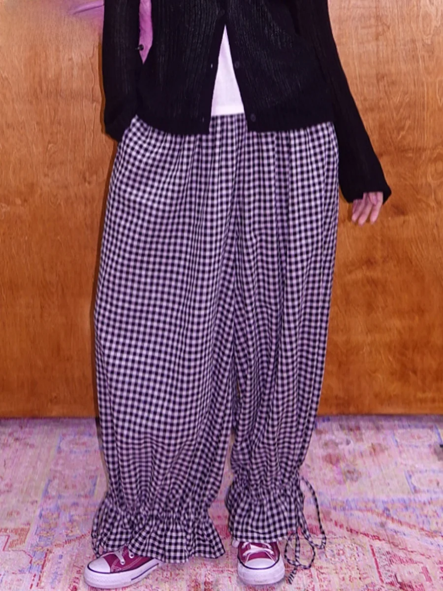 Classic Small Square Plaid Loose Women's Pants Adjustable Cuff Wide Leg Casual Cotton Trousers High Waist Spring Fashion
