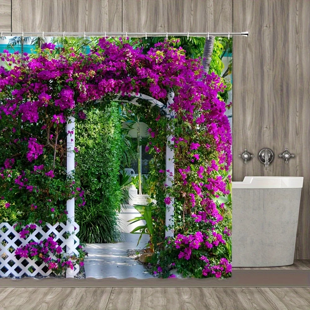 1pc Vibrant Courtyard Design Shower Curtain - Durable Waterproof & Anti-Mildew, Complete with Hooks - Stylish Bathroom