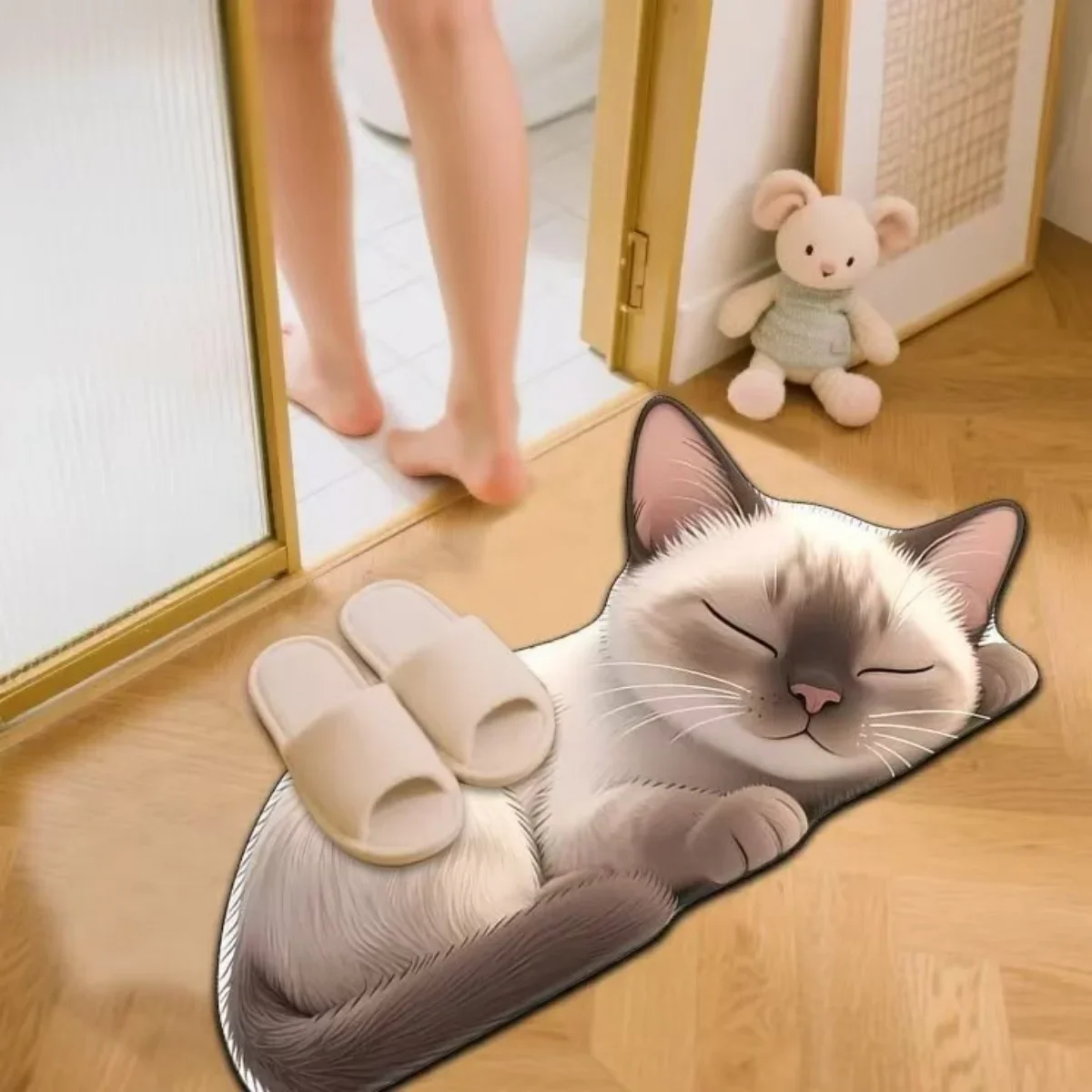 B14LYX Cute Ginger Cat Shaped Floor Rug Cartoon Sleeping Kitty Decorative Mat Indoor Hallway Bathroom Home Decoration Carpet