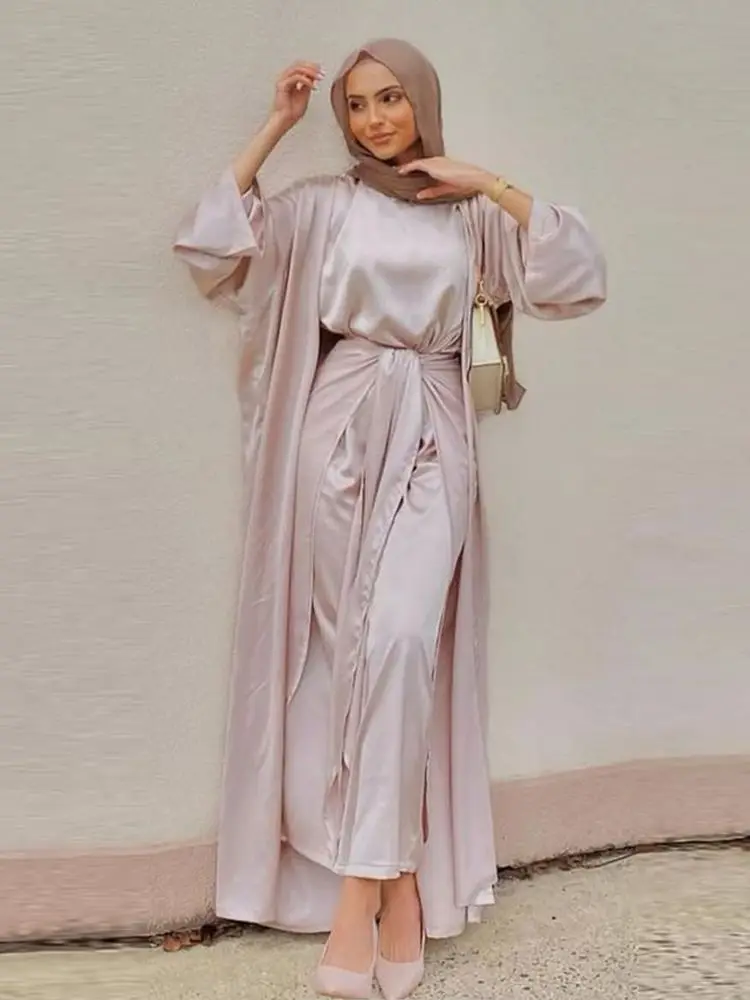 3 sztuk garnitury Kaftan Abaya Satin dubaj turcja Islam arabski muzułmanin zestawy szata Longue Kimono zespół Femme Musulmane Abayas WY687