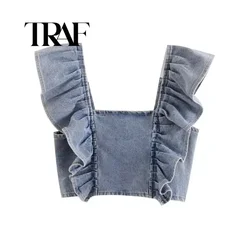 TRAF Women Ruffle Edge Decoration Short Tight Vest style Denim Top Retro Backless Zipper Women's Tank Top Chic Top