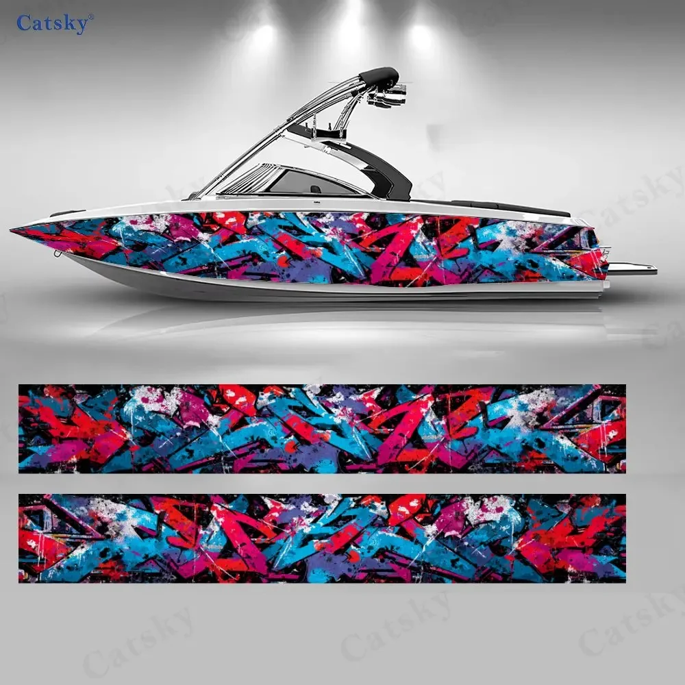 2Pcs Cyber Street Graffiti Boat Stickers, PVC Waterproof Durable Vinyl Wrap Decals for Fishing Boats, Durable and Stylish Design