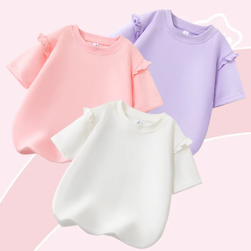 2026 Summer Korean Version Girls' Pure Cotton T-Shirt with Round Neck and Ruffle Edge, Fashionable Short Sleeved, Solid Color,