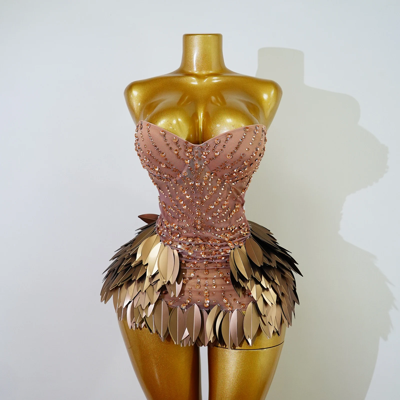 Sparkly Rhinestone 3D Leaf Dress Women See Thought Skirt Outfit Drag Queen Dance Stage Birthday Party Celebrate Show Festival